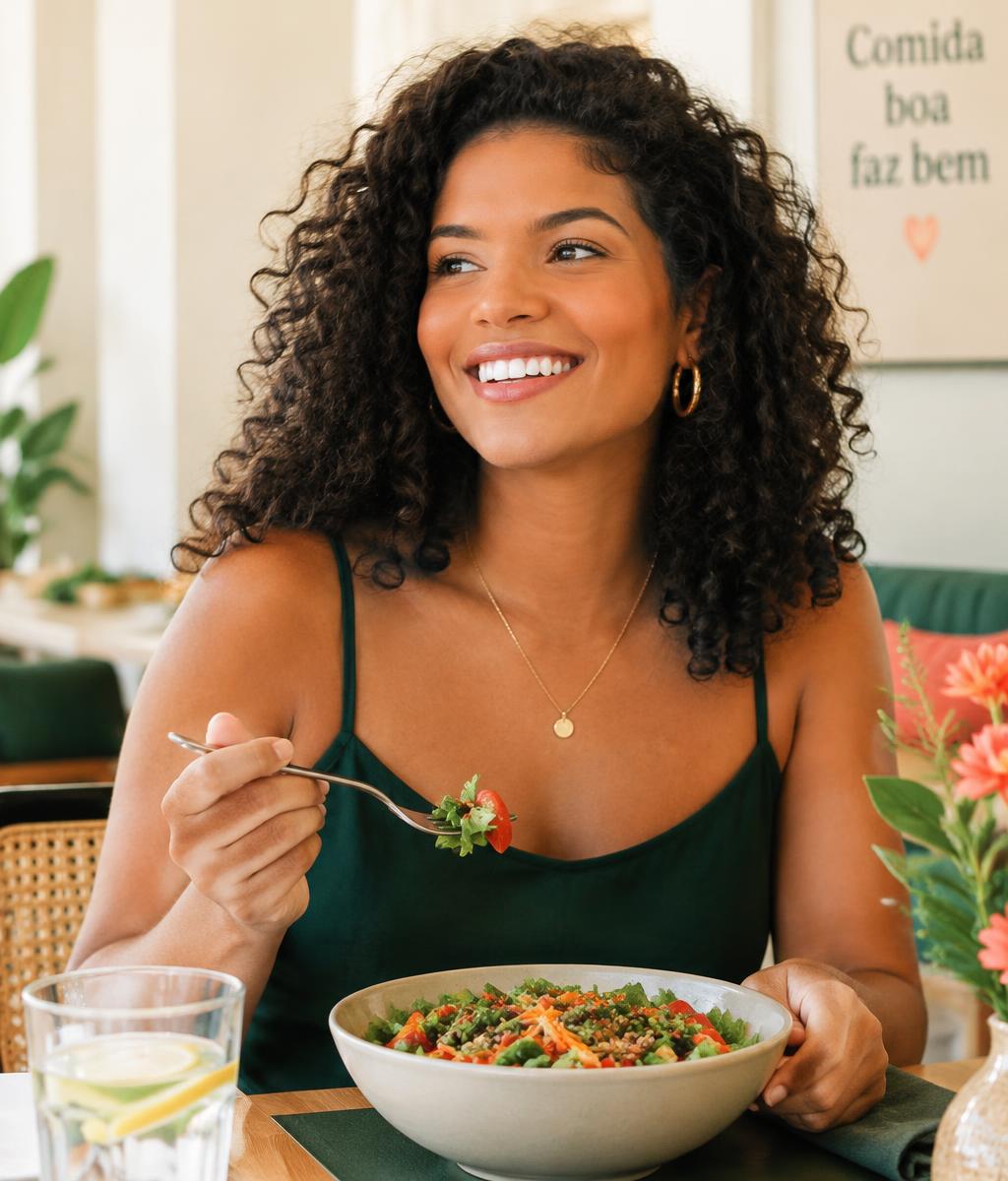 Colaboradora almoçando com o benefício Vitta